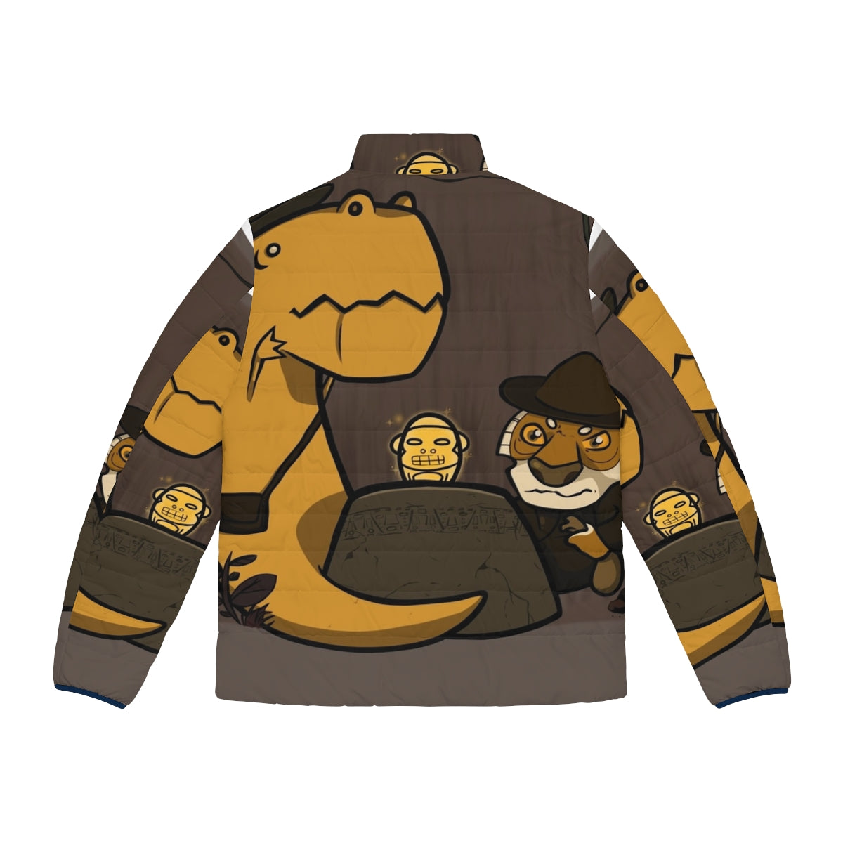 Tense Situation Puffer Jacket featuring dinosaur and tiger designs for outdoor adventures - Back