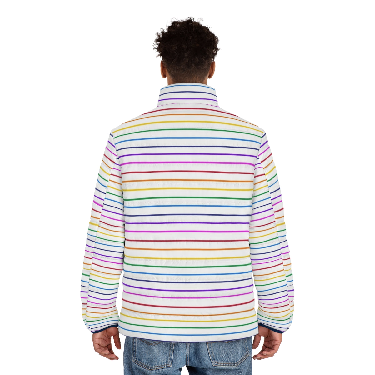 Colorful horizontal rainbow striped puffer jacket - men back