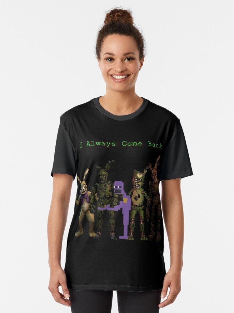 Five Nights at Freddy's "I ALWAYS COME BACK" graphic t-shirt featuring William Afton, Springtrap, and other characters from the FNAF video game saga. - Women