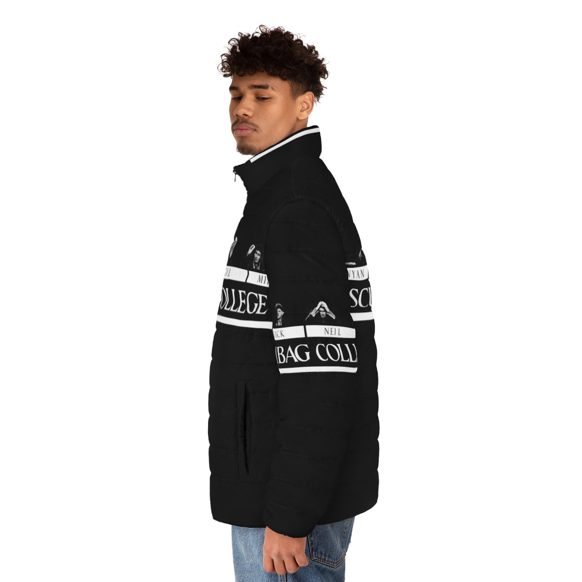 80s punk-inspired puffer jacket with retro college style - men side left