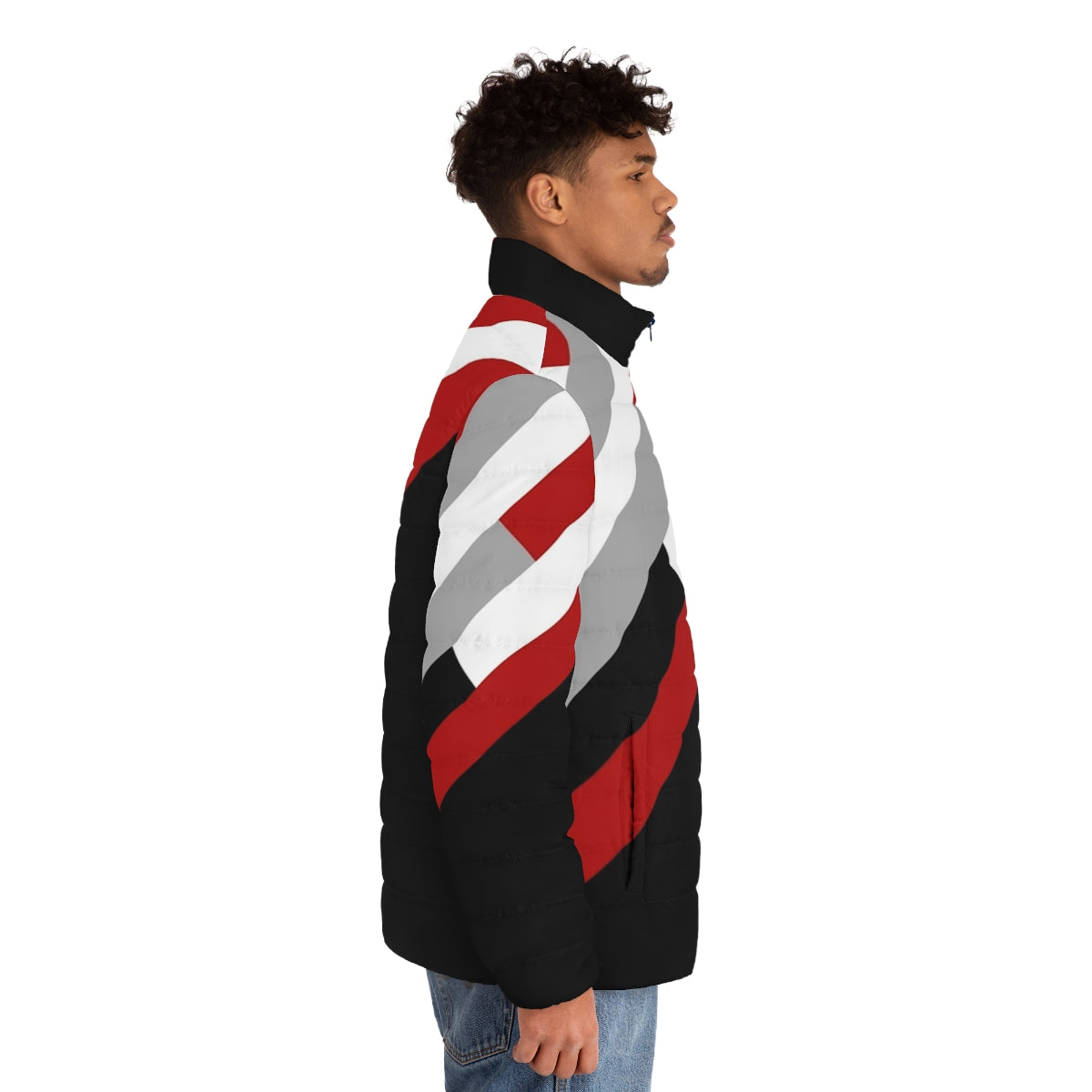 Diagonal stripes geometric pattern puffer jacket in grey, red, and white - men side right