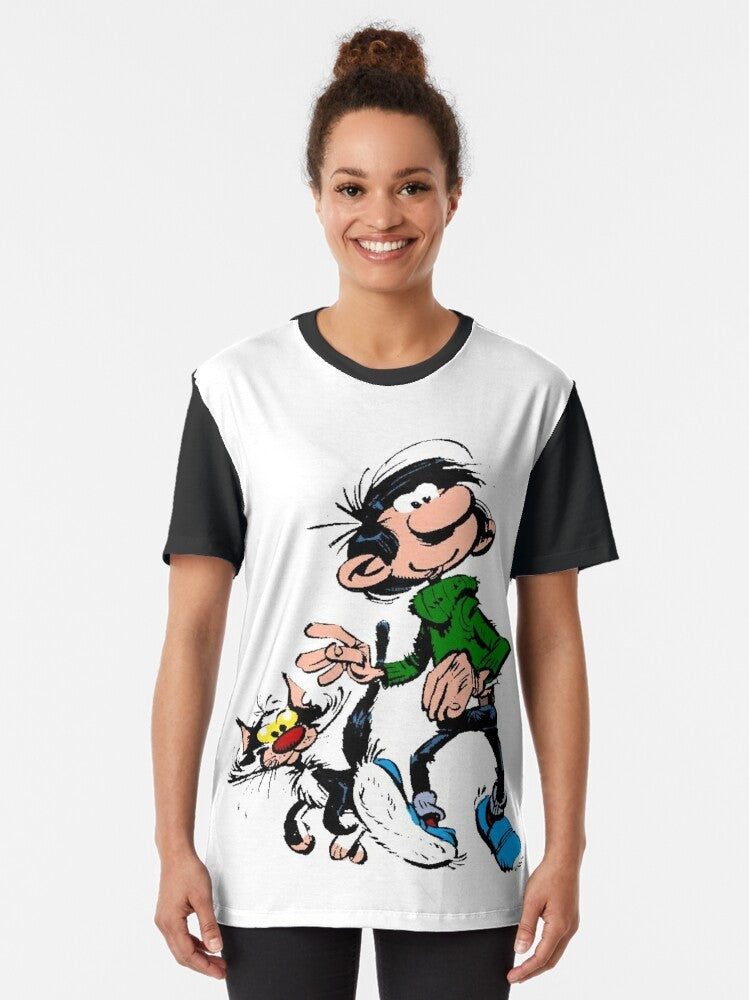 Gaston Lagaffe, the famous character from the Belgian comic series, featured on a graphic t-shirt - Women