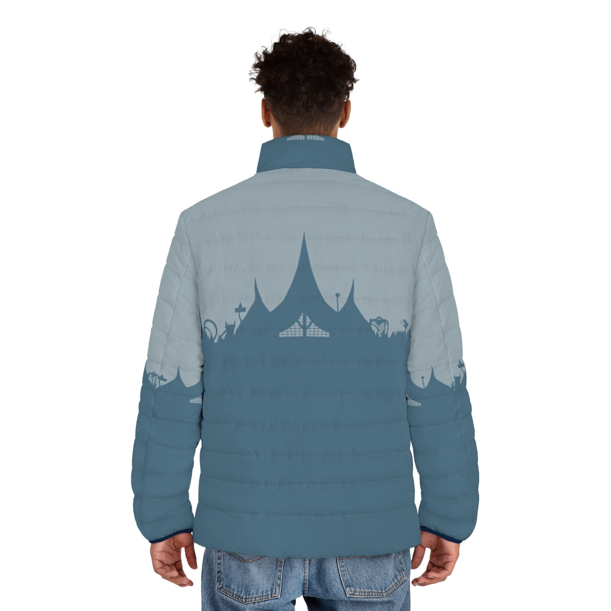 Model wearing Efteling-branded blue puffer jacket - men back