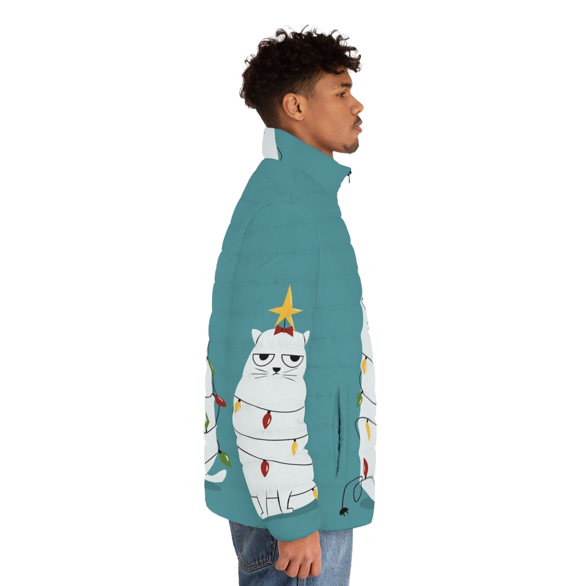 Grumpy Christmas cat puffer jacket with cartoon design - men side right