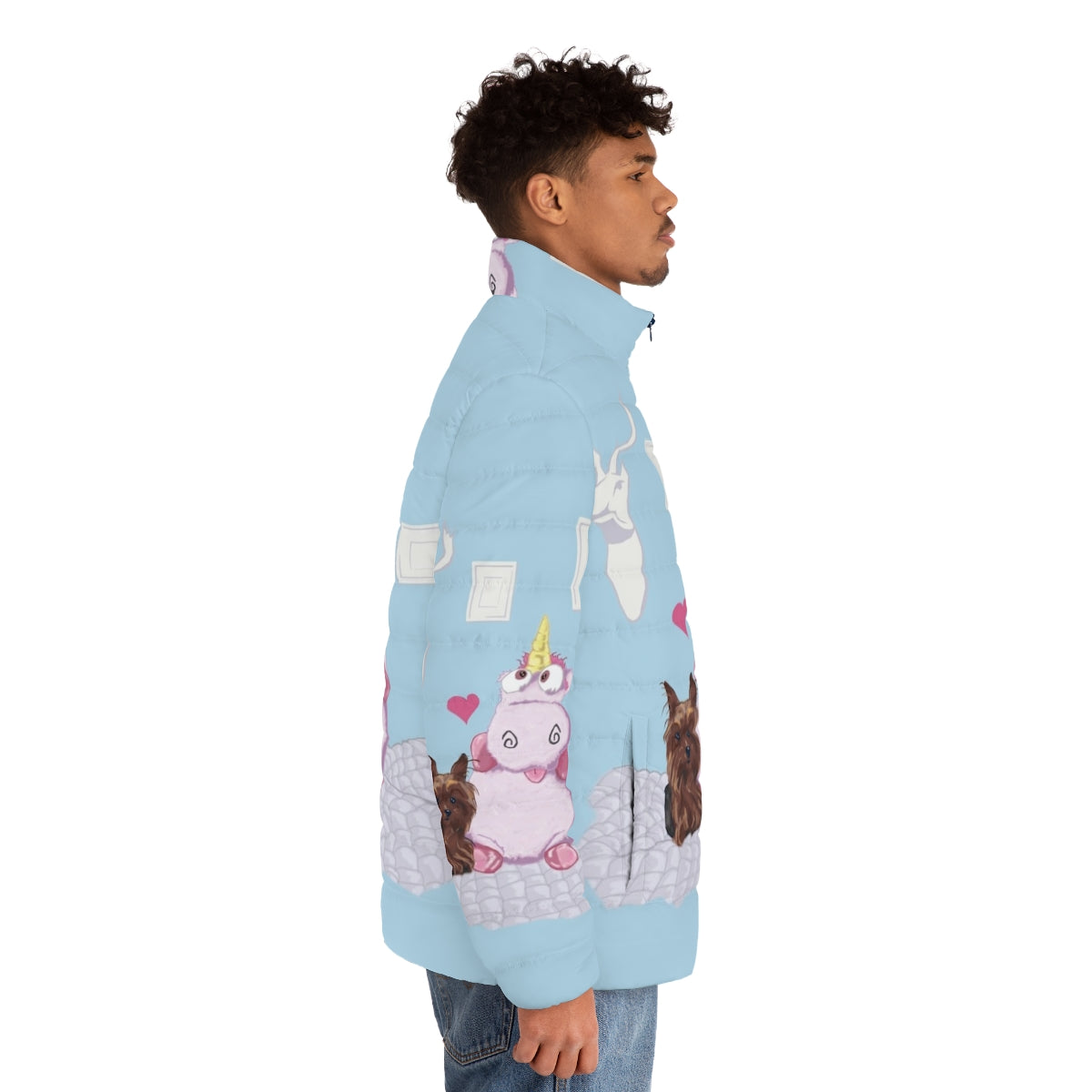 A cozy puffer jacket with a nice family portrait and a cute plush unicorn toy - men side right