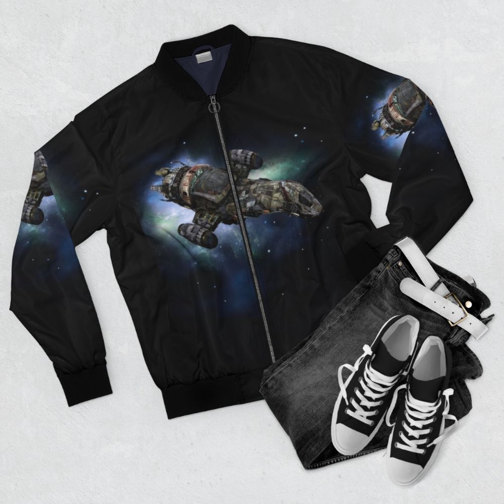 Firefly inspired bomber jacket with space and sci-fi design - Flat lay