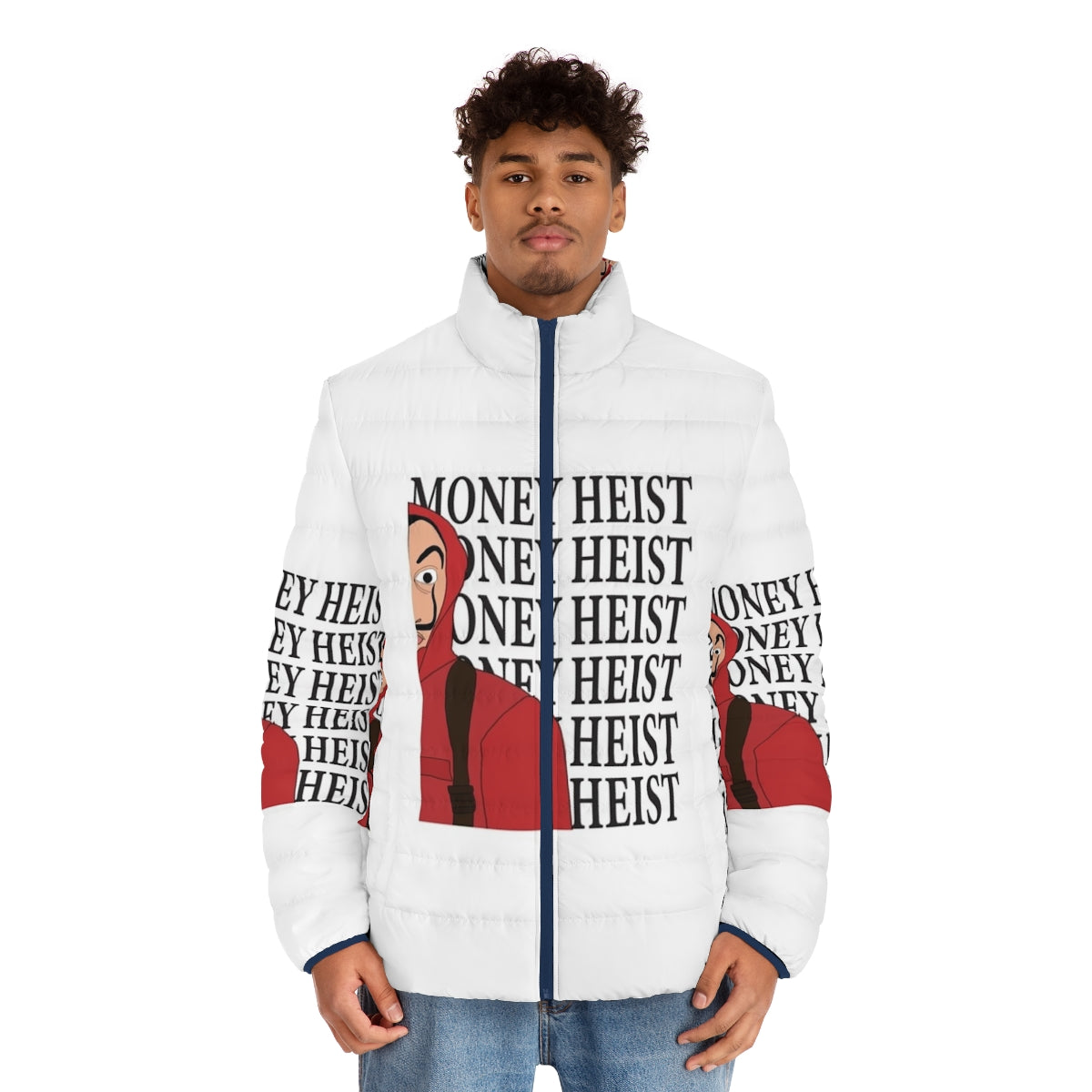 Money Heist Half Puffer Jacket with characters from the Netflix series - men front