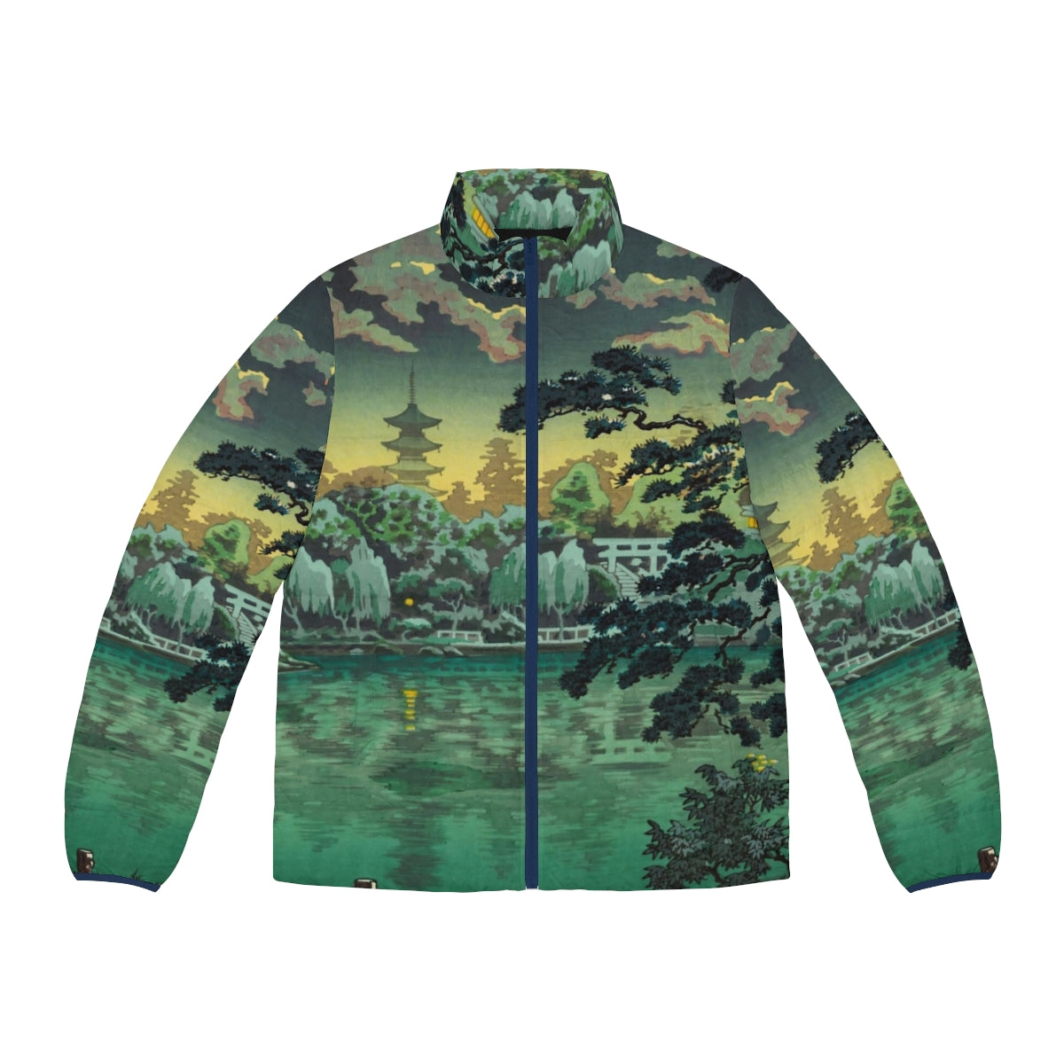 Traditional Japanese ukiyo-e puffer jacket featuring Tsuchiya Koitsu's painting of Ueno Shinobazu Pond