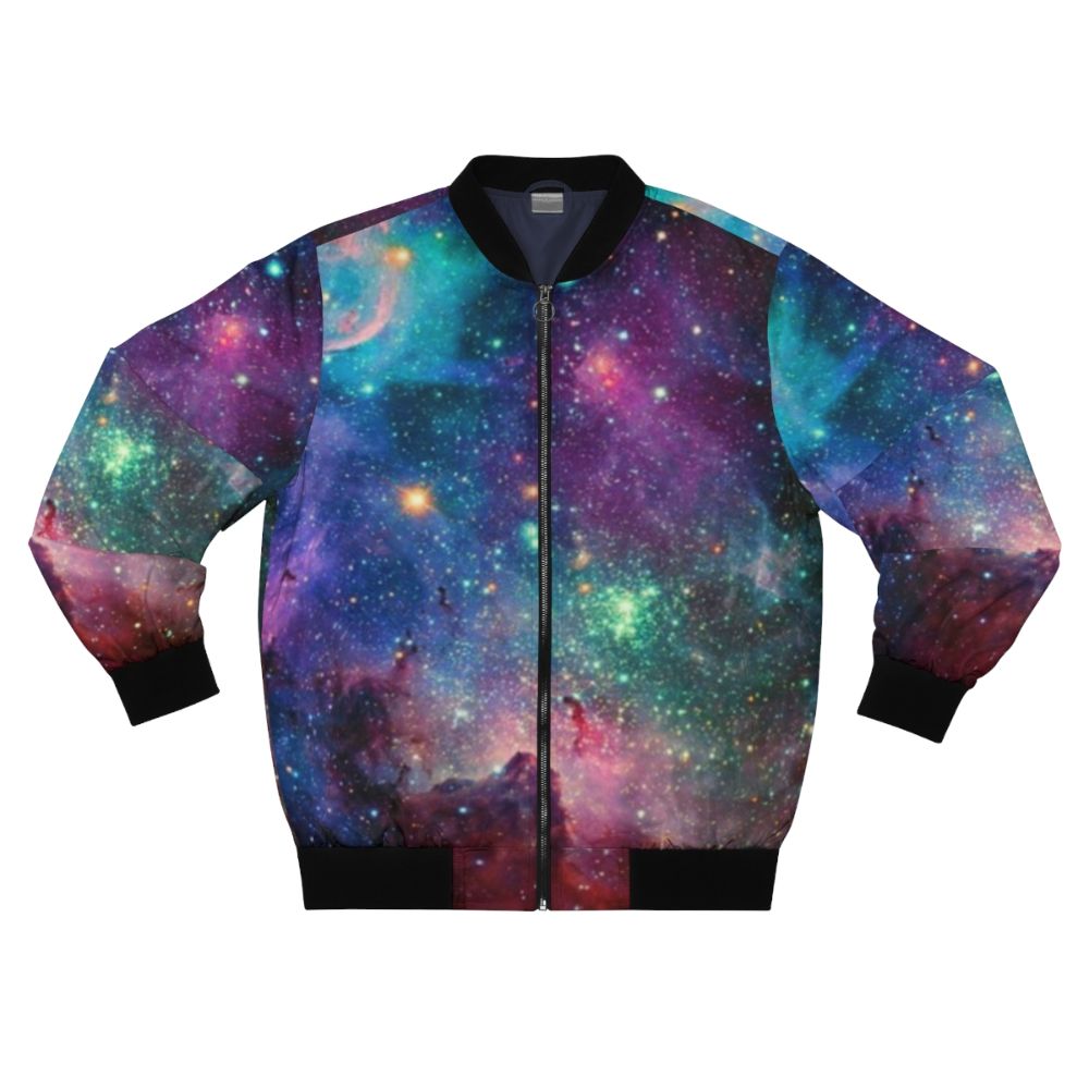 Galaxy bomber jacket featuring planets, stars, and cosmic patterns