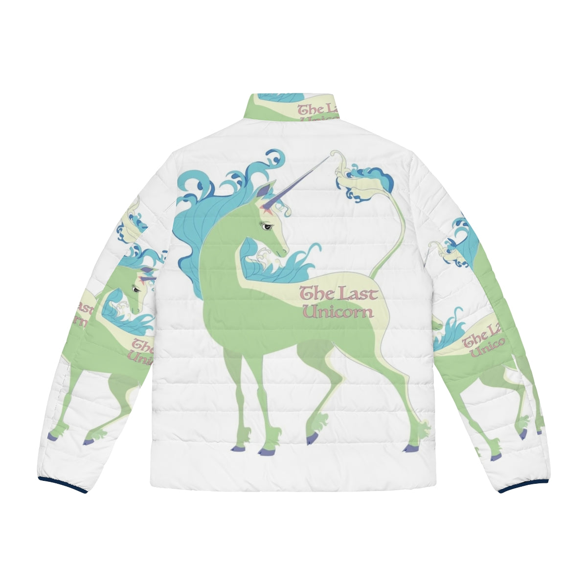 A green puffer jacket with a unicorn design, perfect for fantasy enthusiasts. - Back