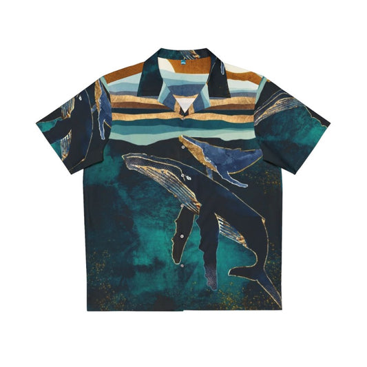 Moonlit whales Hawaiian shirt with abstract ocean and nature design