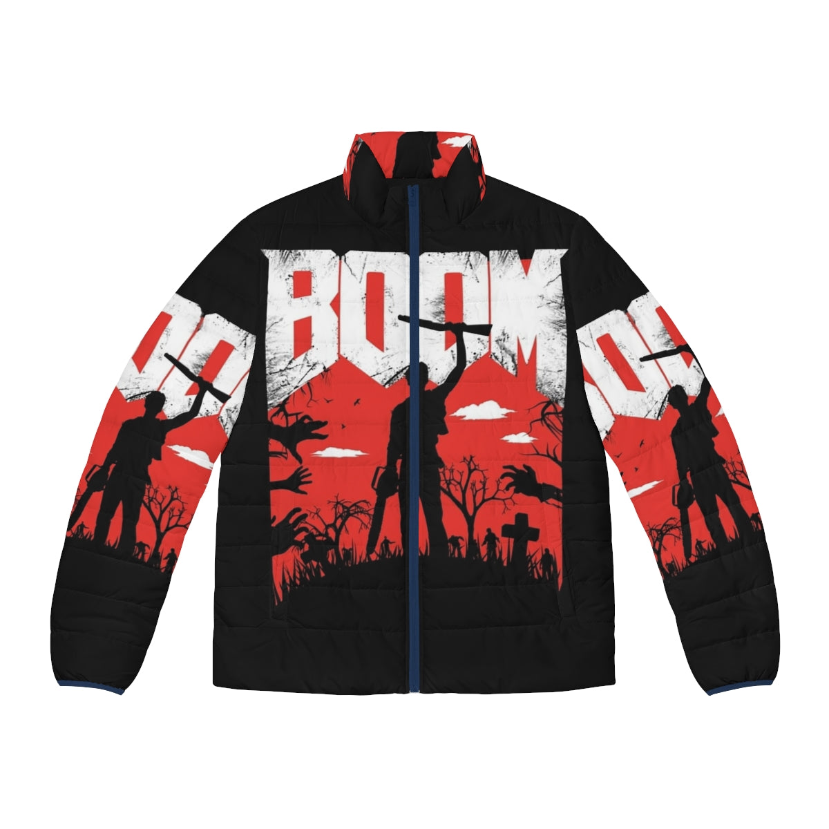 Boomstick puffer jacket with red and black design, featuring references to the Evil Dead franchise and Army of Darkness