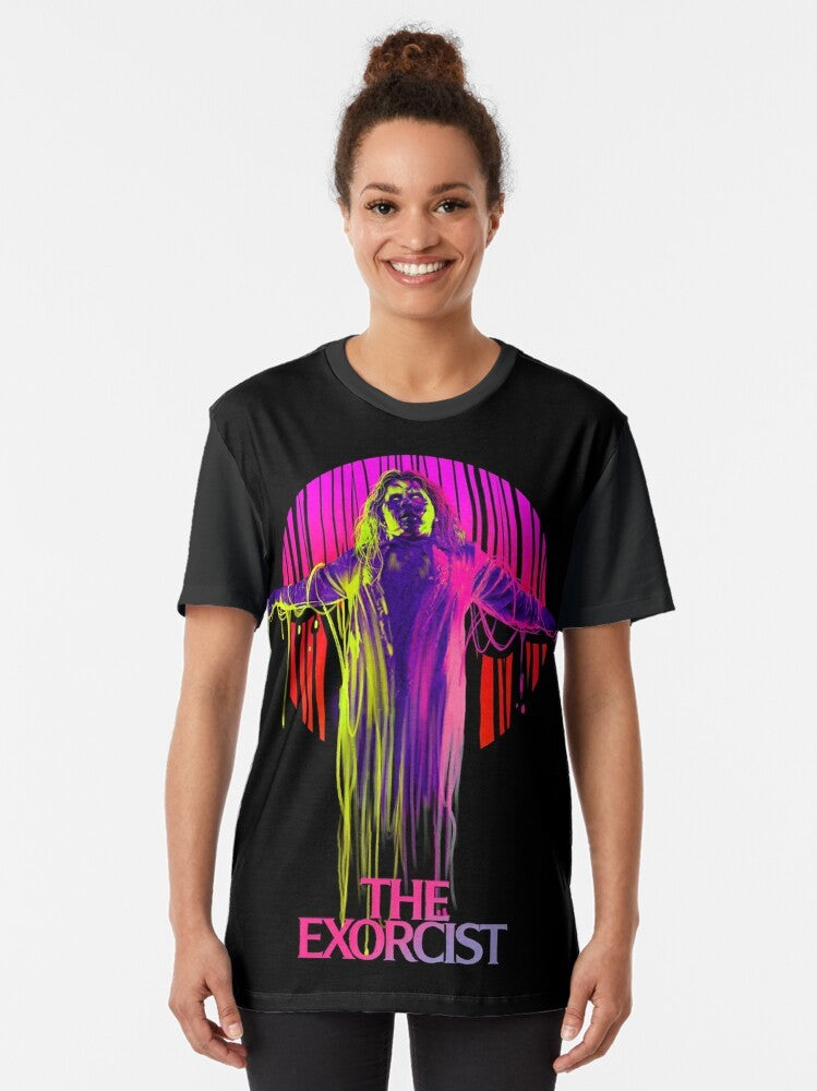 "The Exorcist neon graphic t-shirt featuring a classic horror movie design" - Women