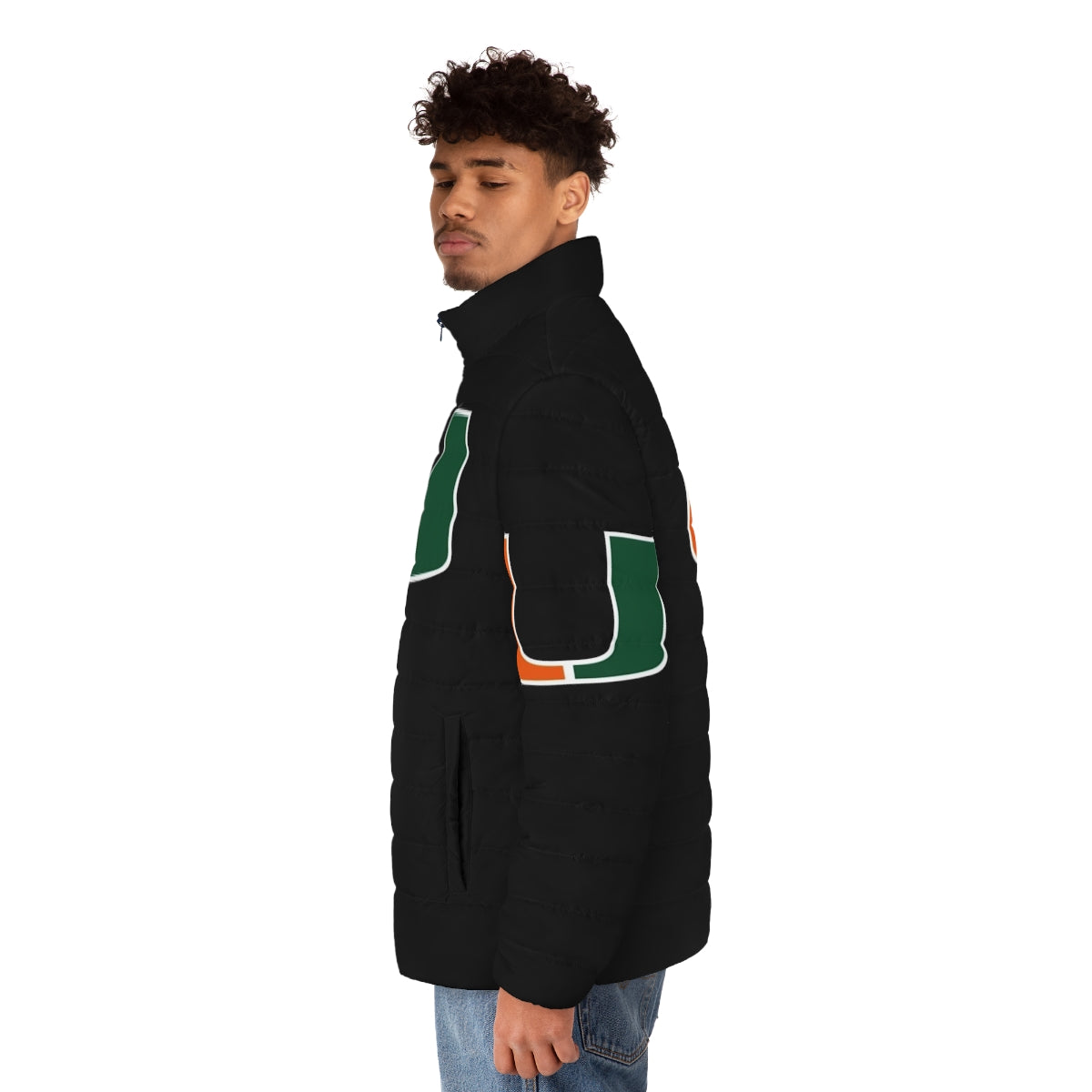 Miami Hurricanes logo printed on an insulated puffer jacket - men side left