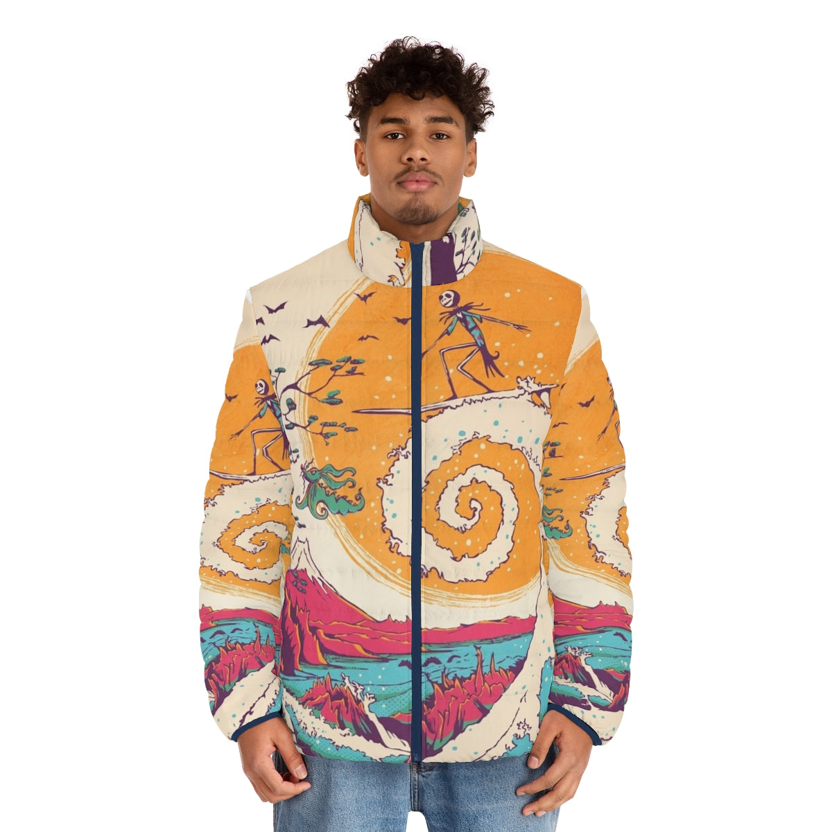 A cozy puffer jacket featuring characters and imagery from Tim Burton's "The Nightmare Before Christmas" with a surfing theme. - men front