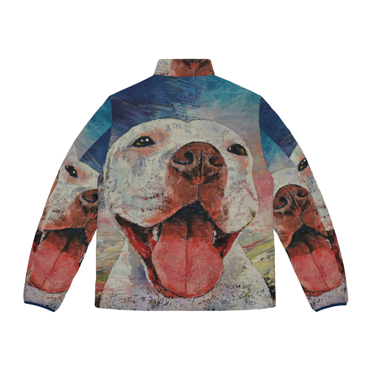 Pitbull puffer jacket for dogs in a dramatic cloudy sky setting - Back