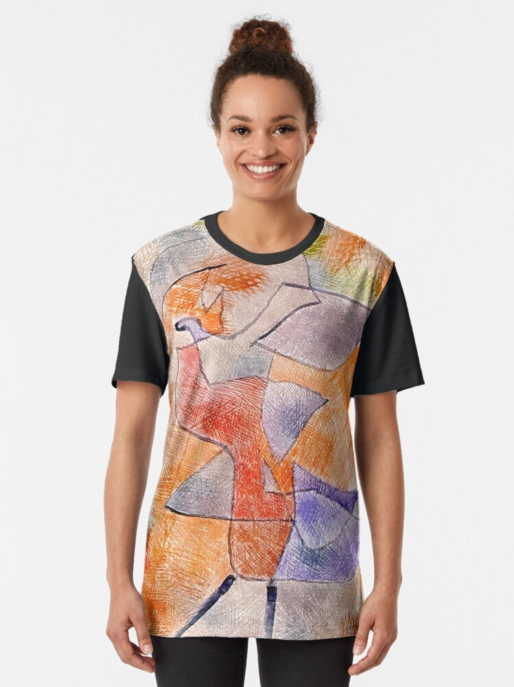 Graphic t-shirt featuring Paul Klee's "Red Balloon" cubist art design - Women