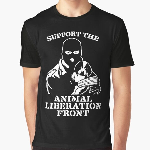 "Animal Liberation" graphic design on a t-shirt with vegan and animal rights themes.