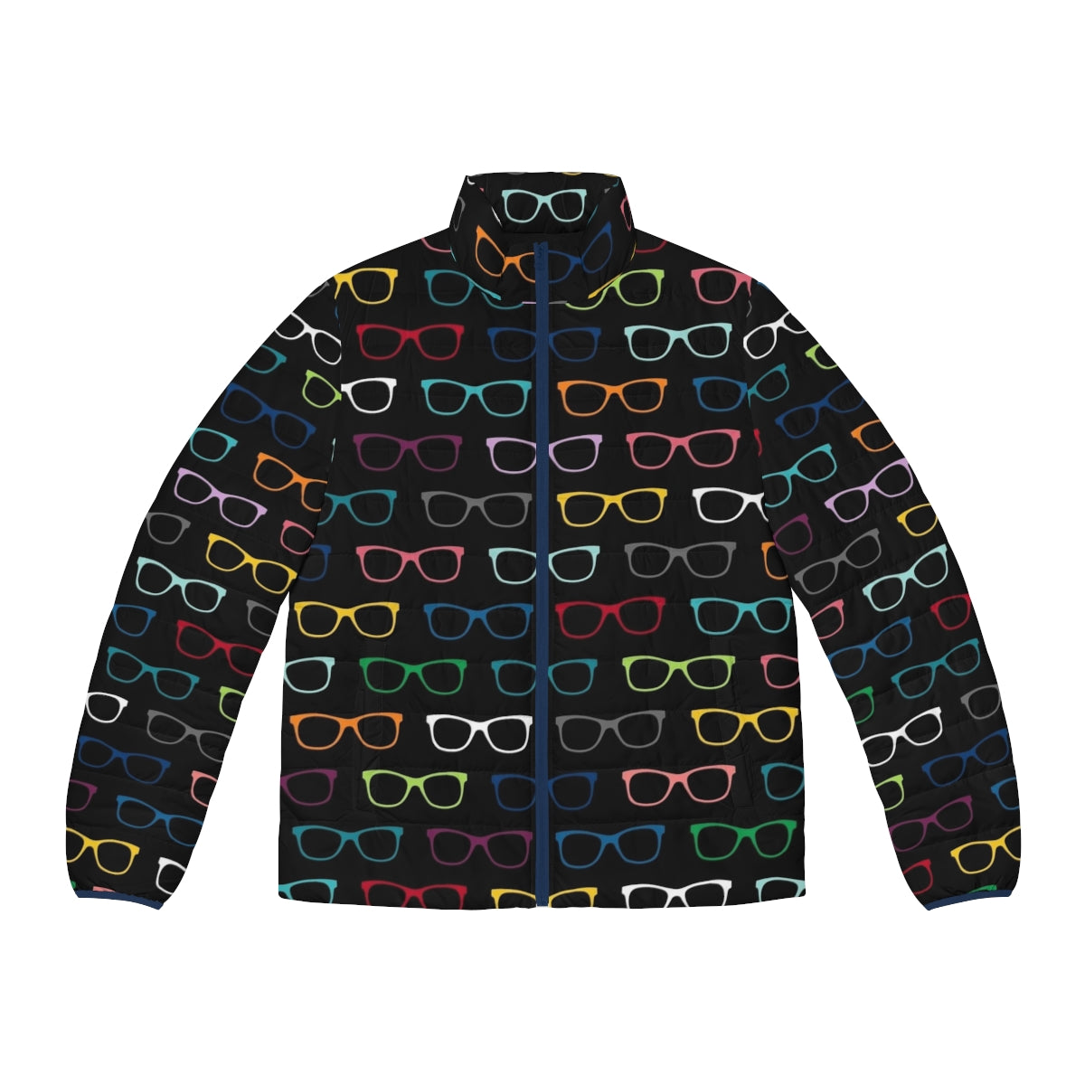 Colorful puffer jacket with hipster eyeglasses pattern