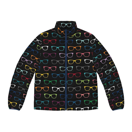 Colorful puffer jacket with hipster eyeglasses pattern