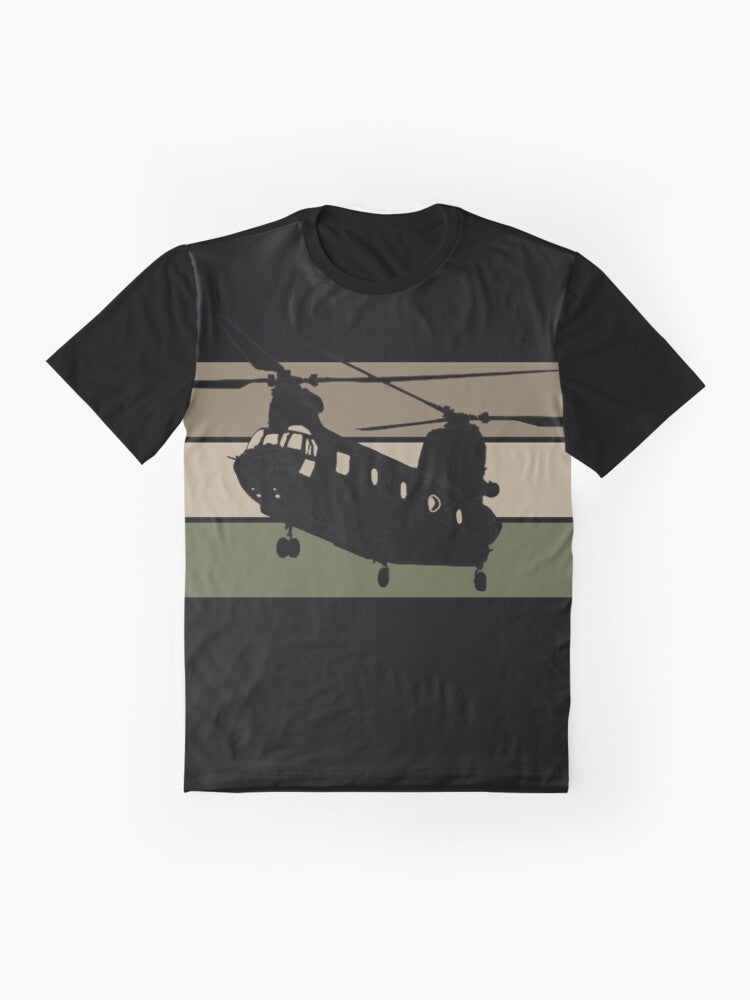 A black t-shirt featuring a graphic design of the Chinook CH-47 military helicopter - Flat lay