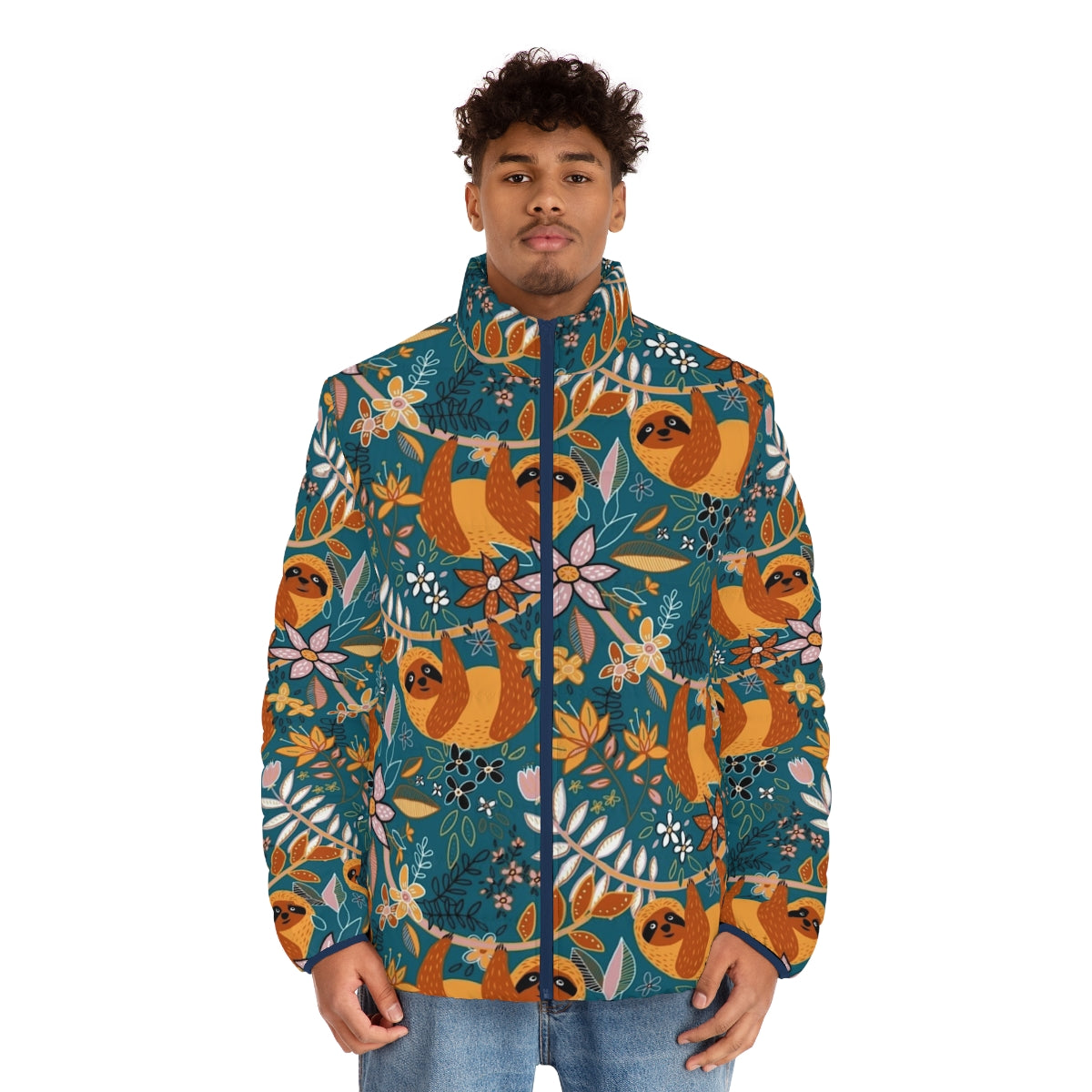 Boho Sloth Floral Puffer Jacket with a happy sloth and floral pattern in teal, orange, brown and blush colors - men front