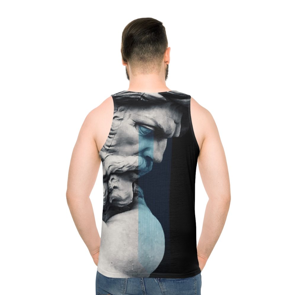 Degeneration unisex tank top with graphic design inspired by Greek mythology - men back