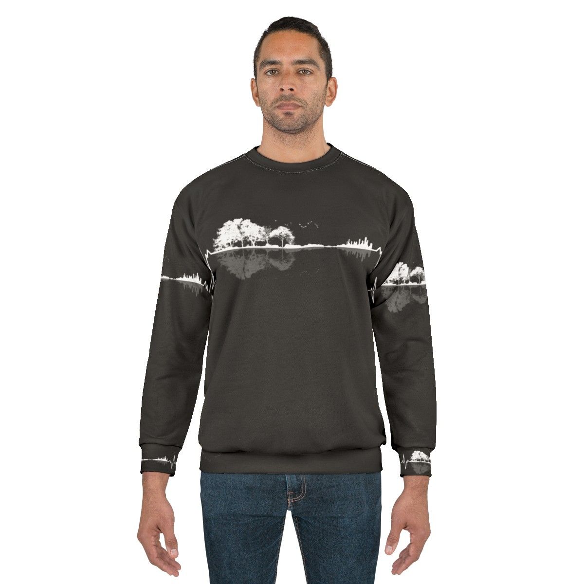 Minimalist sweatshirt with nature landscape and heart beats design - men