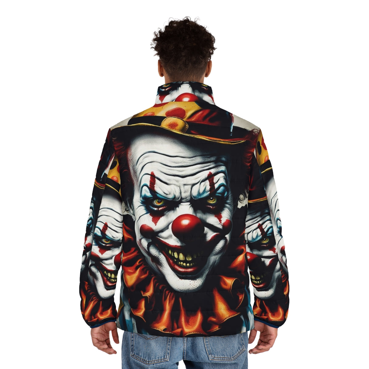 A puffer jacket featuring a creepy clown face, perfect for Halloween - men back