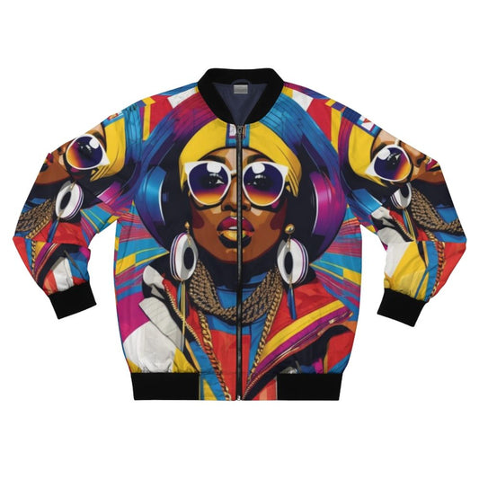 Vibrant and colorful bomber jacket featuring a portrait of Missy Elliot with headphones and sunglasses