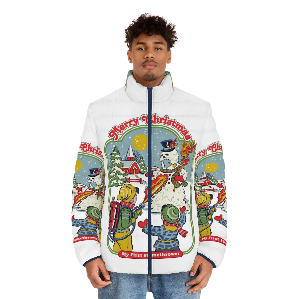 Retro funny flamethrower puffer jacket with winter, holiday, and nostalgic design - men front