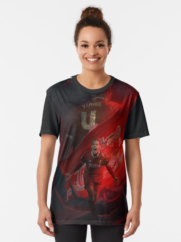 Illustration of Virgil Van Dijk, the famous Liverpool FC football player, on a graphic t-shirt design. - Women