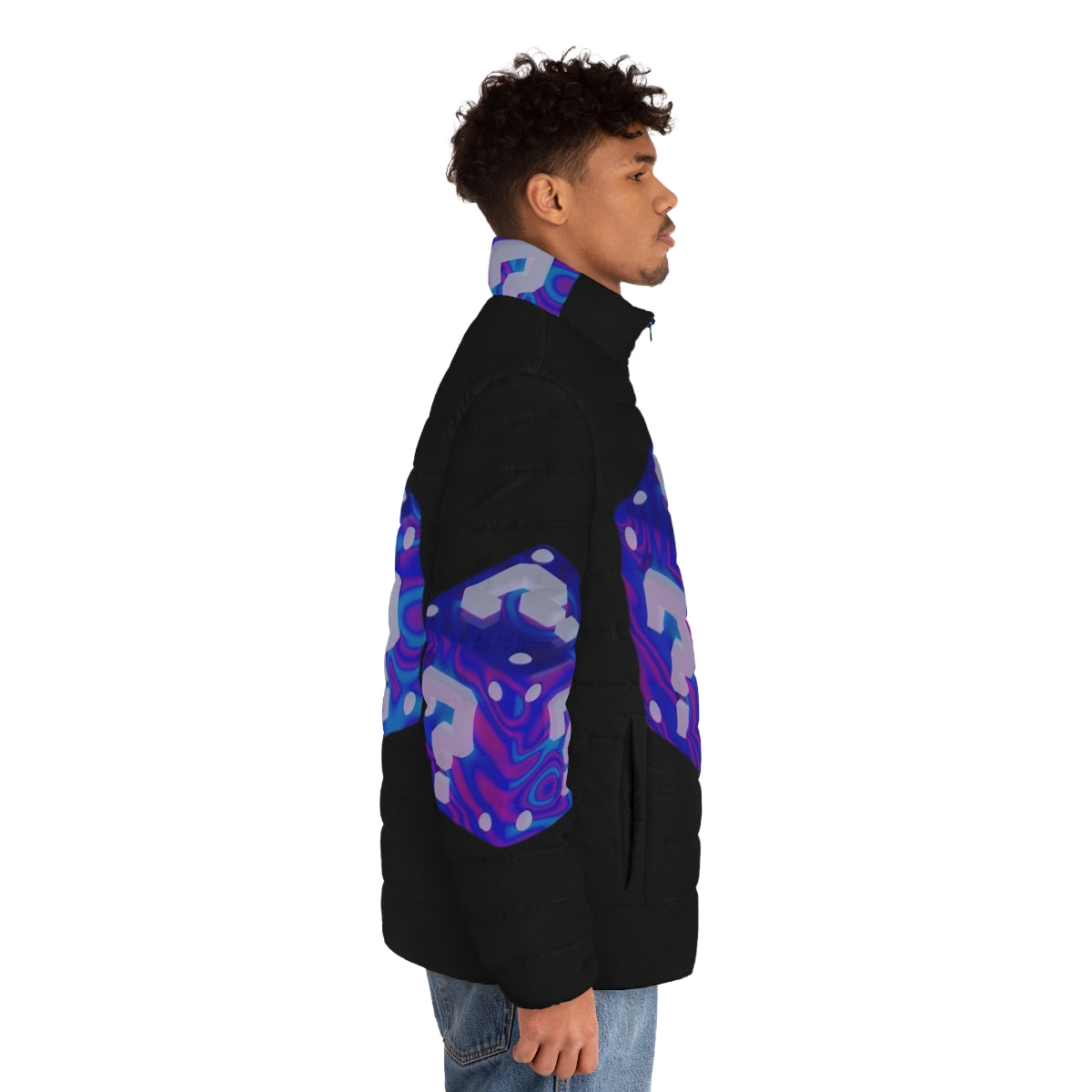 Mystery Box Puffer Jacket with psychedelic, geometric design - men side right