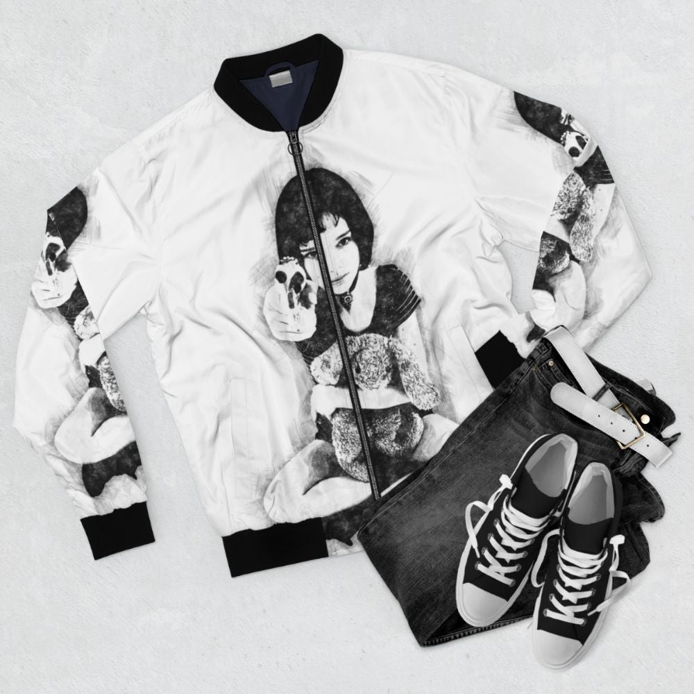 Bomber jacket with a sketch of Mathilda from the movie Leon the Professional - Flat lay