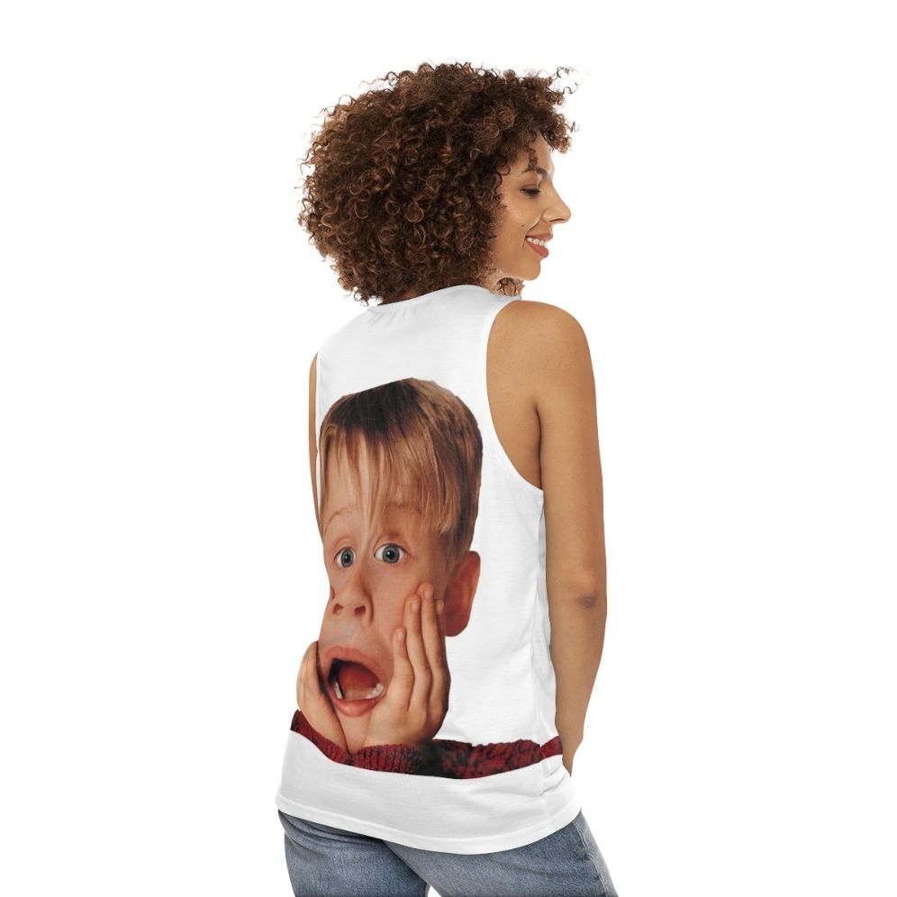 Macauly Culkin in his iconic "Home Alone" role on a unisex tank top - women back