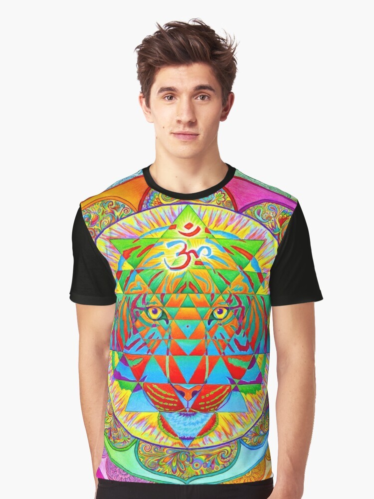 Psychedelic tiger surrounded by a colorful Sri Yantra mandala design on a graphic t-shirt. - Men