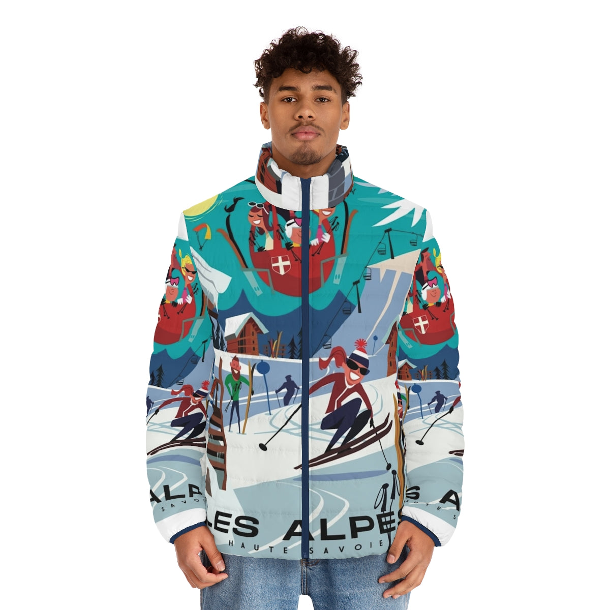 Retro Les Alpes ski poster puffer jacket featuring alpine mountains, skiing, and chalet lifestyle - men front