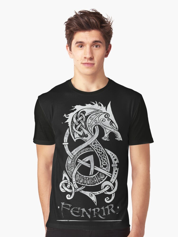 Fenrir, the monstrous wolf from Norse mythology, featured on a gray graphic t-shirt design. - Men