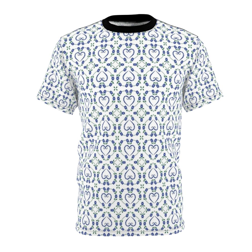 T-shirt with a blue and white pawprint, heart, and flower pattern design for dog moms, dads, and lovers.