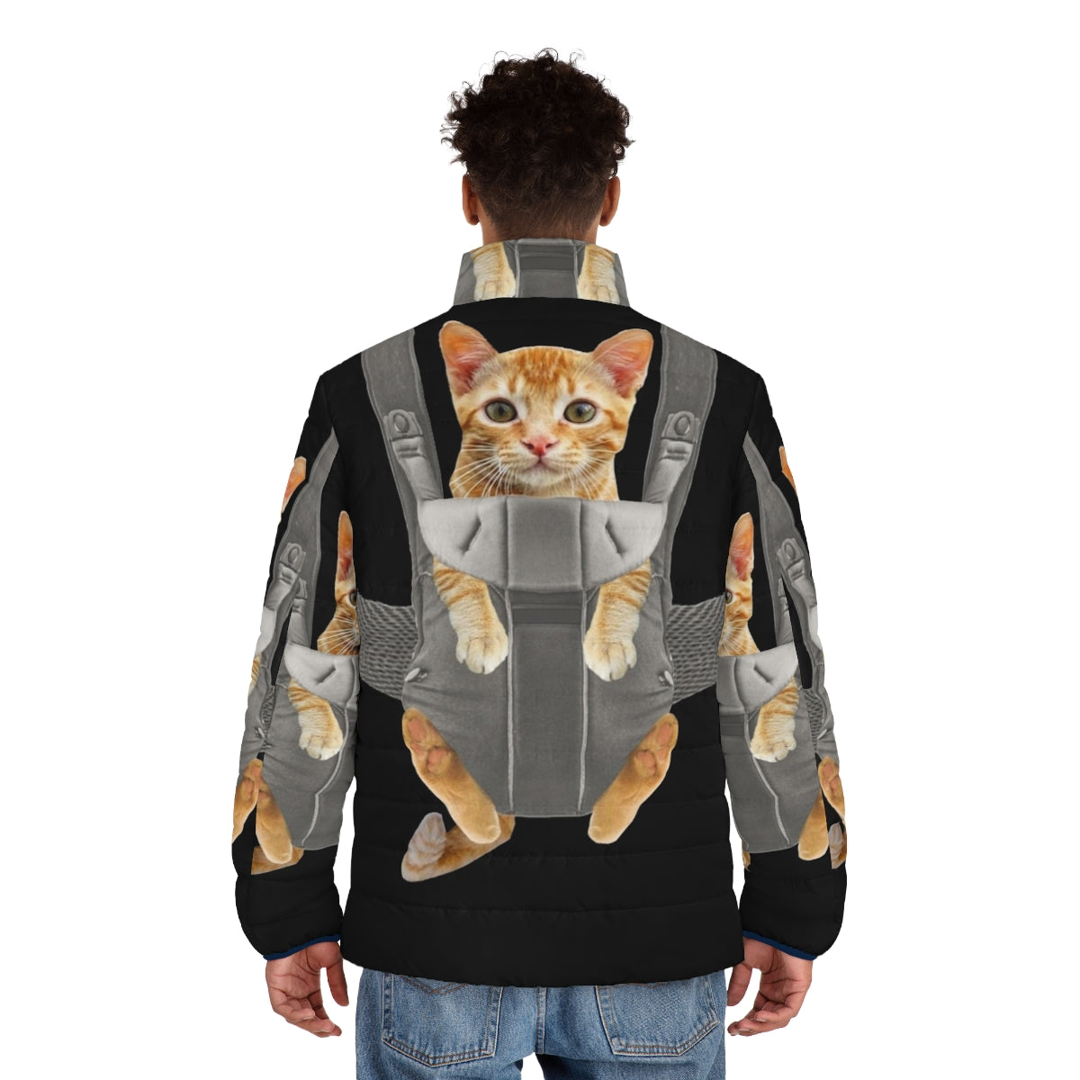 Orange cat in a baby carrier wearing a puffer jacket - men back