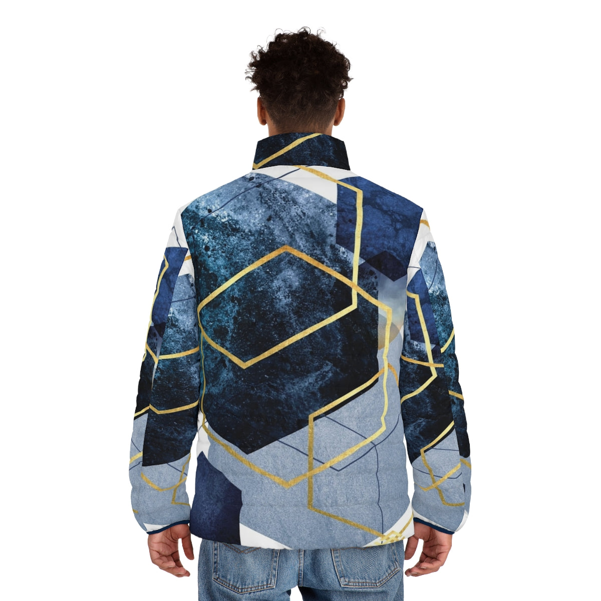 Navy and gold geometric puffer jacket for men - men back