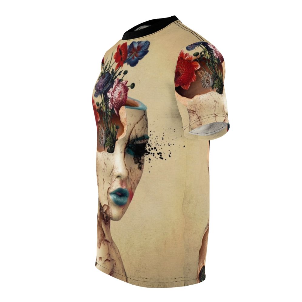 Vintage floral digital art design featuring a woman, flowers, and a butterfly on a t-shirt. - men left