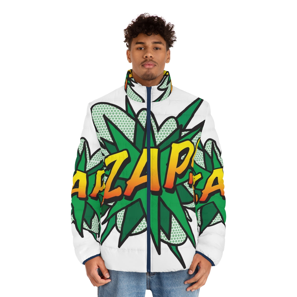 Retro comic book superhero puffer jacket with zap pop art flash design - men front