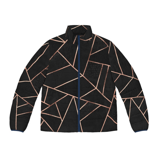 Black and rose gold puffer jacket with abstract geometric design