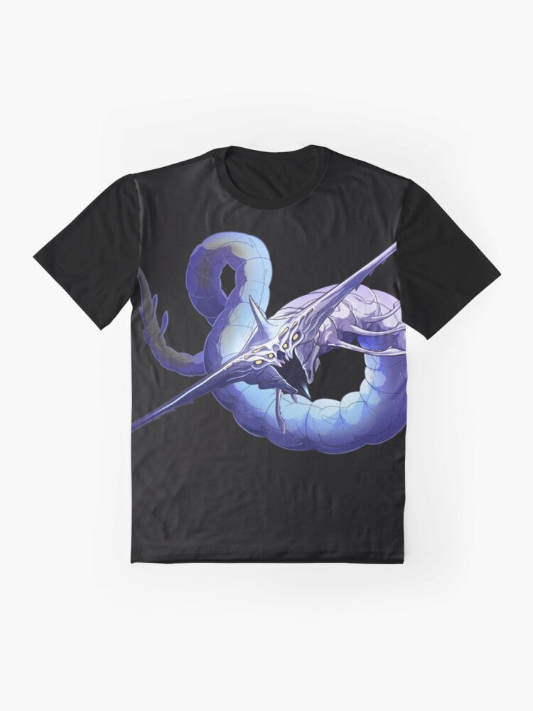 Ghost Leviathan from the video game Subnautica featured on a graphic t-shirt design. - Flat lay