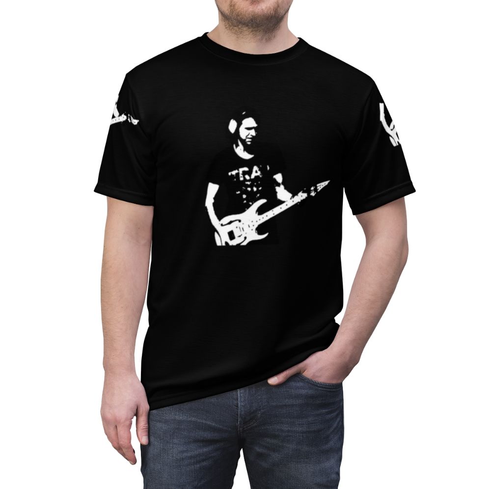 Guitarist t-shirt featuring guitar player, shredder, and heavy metal design - men front