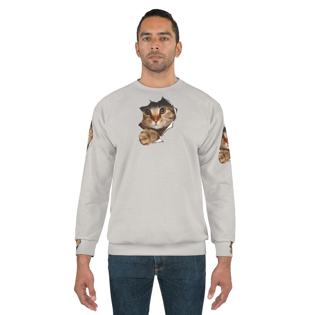 Funny cat peeping out from a torn sweatshirt - men