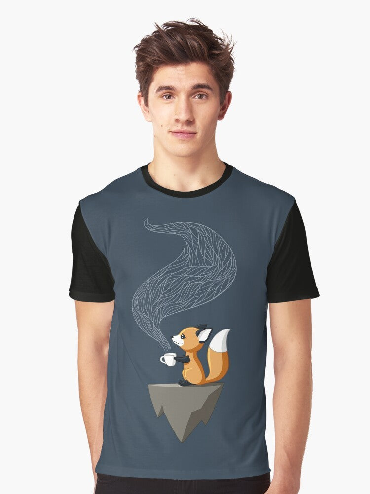 Cute smiling fox illustration sitting with a cup of tea, autumn-themed fantasy graphic t-shirt design. - Men