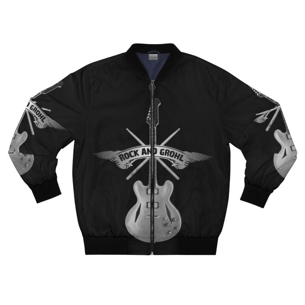 Dave Grohl inspired bomber jacket with drumsticks and guitar graphic design