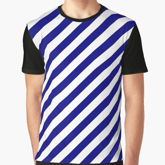 Blue and white diagonal stripes pattern on a graphic t-shirt